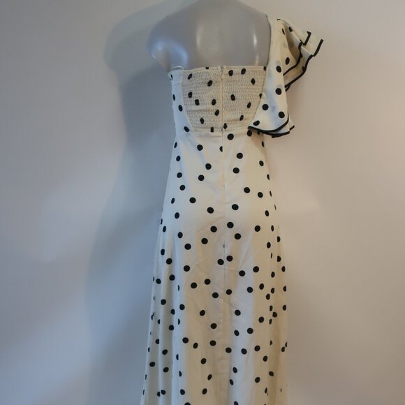 NWT Womens Benaar Natalie Ivory Black Polka Dot One Shoulder Paris Midi Dress S - Picture 10 of 15